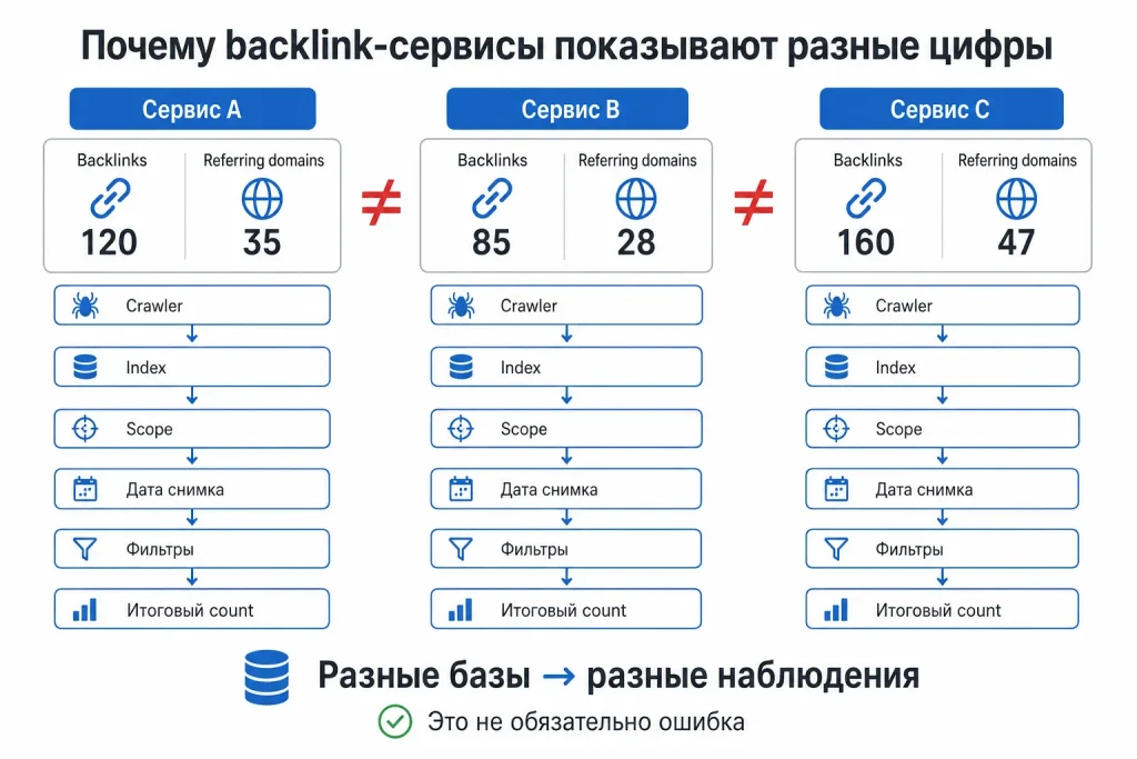 Почему сервисы показывают разное число бэклинков и ссылающихся доменов