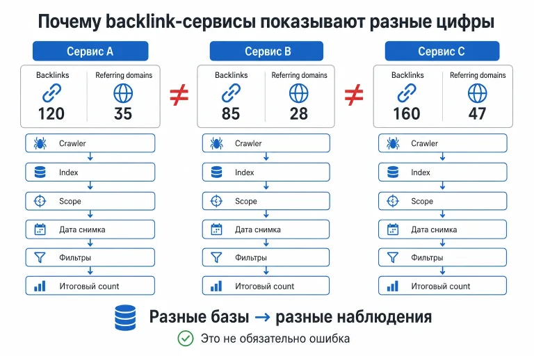 Почему сервисы показывают разное число бэклинков и ссылающихся доменов