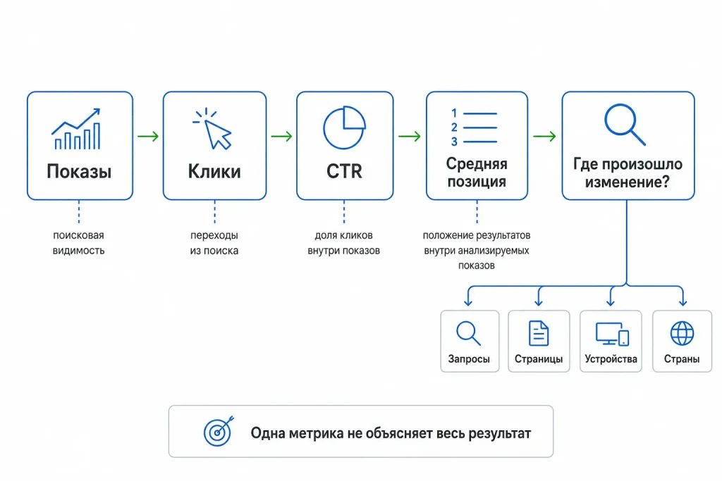 Как читать Search Console: показы, клики, CTR и среднюю позицию вместе
