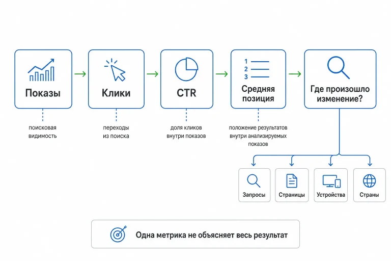 Как читать Search Console: показы, клики, CTR и среднюю позицию вместе